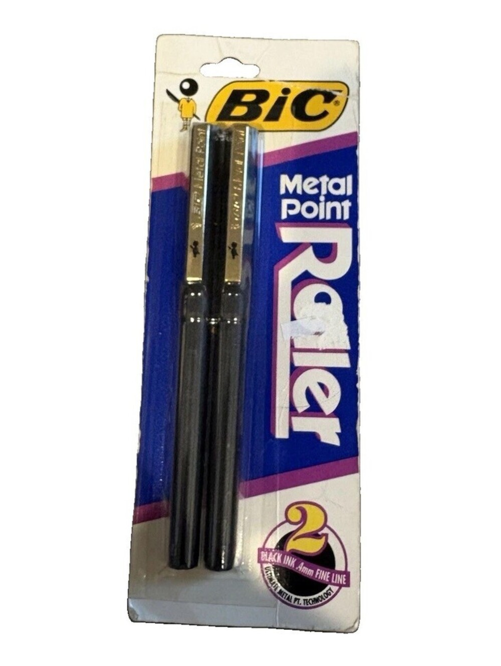Vintage Bic Metal Point Roller Pens 1991 .4mm Fine Line Black Ink  USA 2 Pack